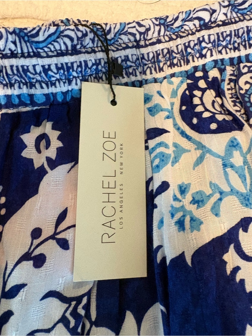 NWT Rachel Zoe Blue Boho Print Tie Hem Crop Pants Size Large - Picture 2 of 4